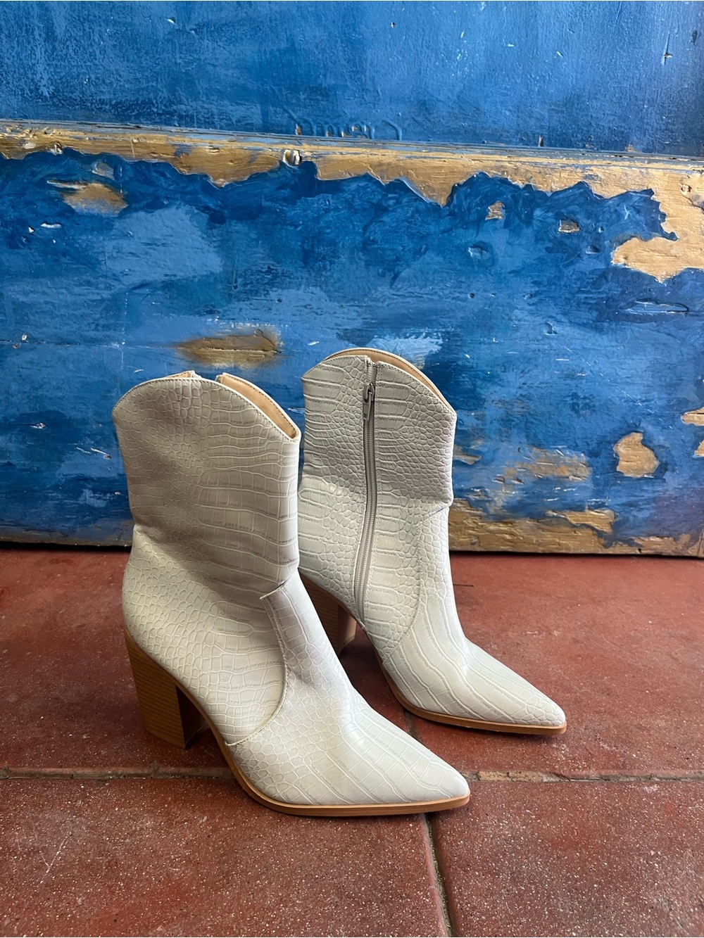Lulu's Cream Croc-Embossed Pointed Western Ankle Boots